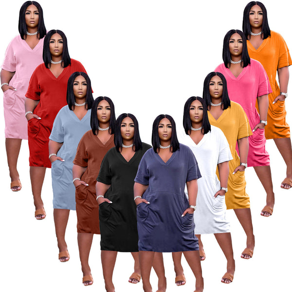 Sexy Loose Color V-neck Casual Dress With Pockets