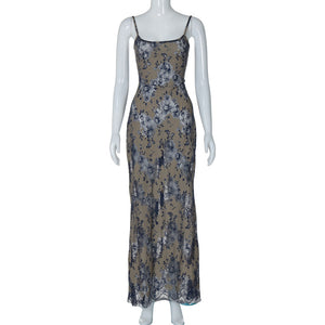 Fashion Dyed Printing Stitching Hollow Back Strap Elegant Style Long Dress Women