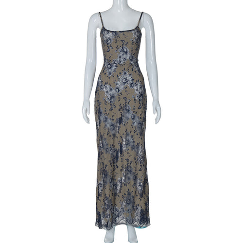 Fashion Dyed Printing Stitching Hollow Back Strap Elegant Style Long Dress Women